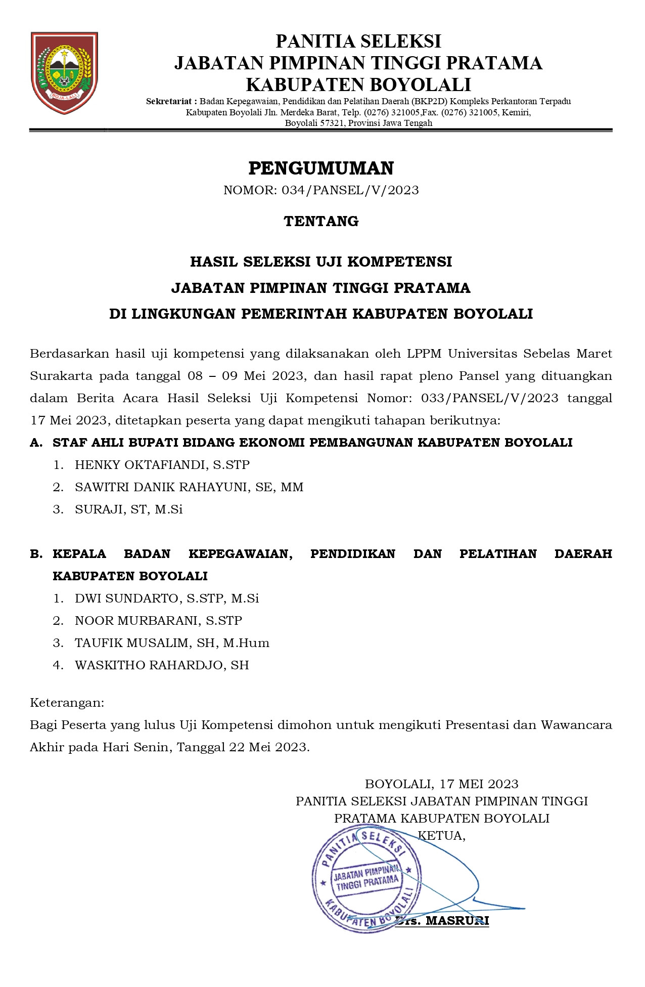 Pengumuman Hasil Seleksi Uji Kompetensi Seleksi Terbuka JPT Pratama Tahun 2023